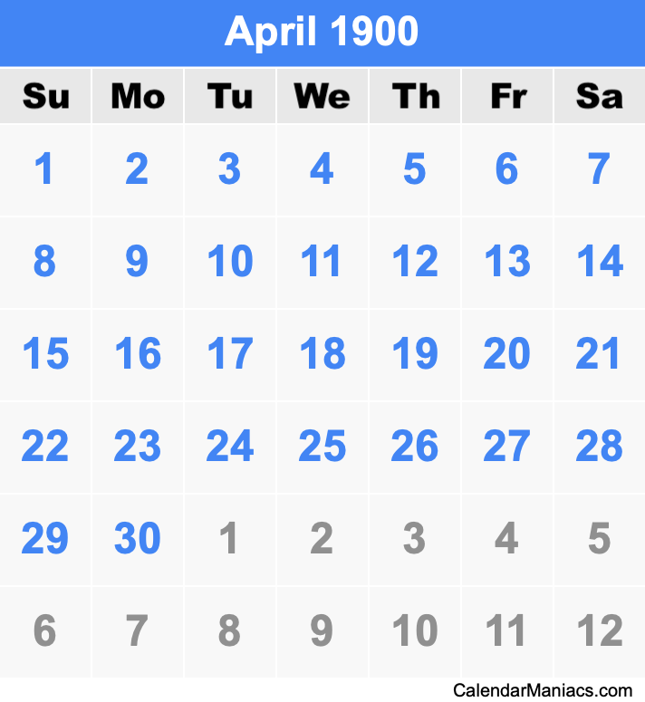 April 1900 Printable Calendar April 1900 Calendar
