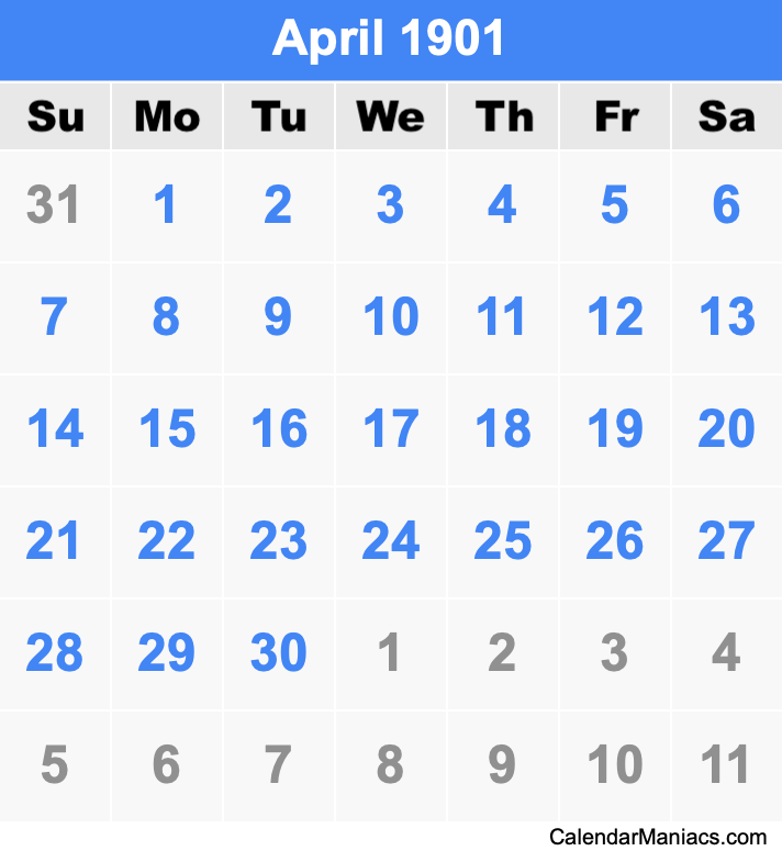 April 1901 Printable Calendar April 1901 Calendar