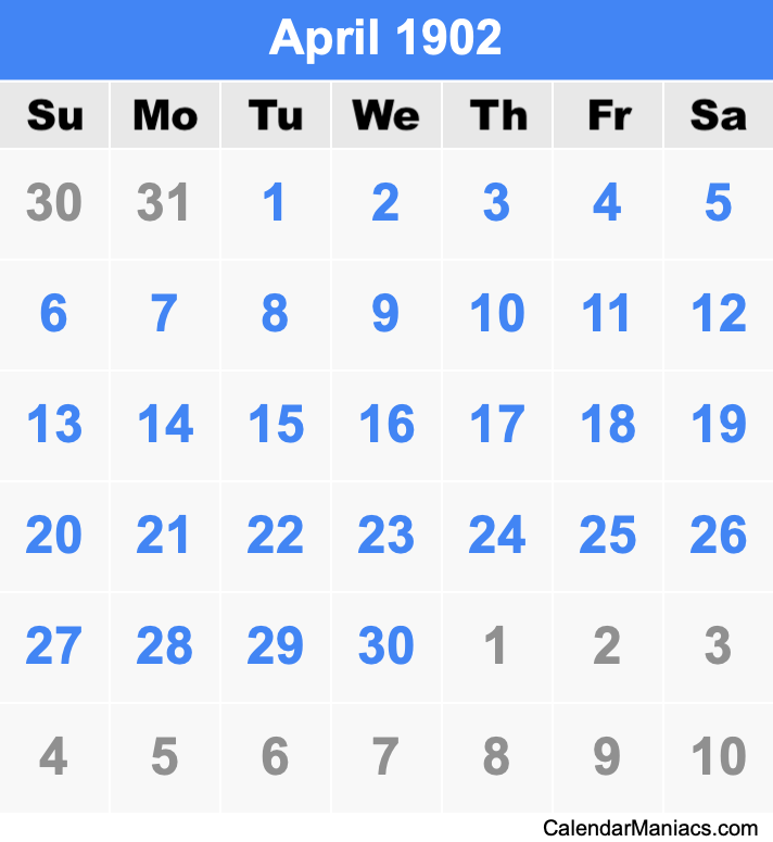 April 1902 Printable Calendar April 1902 Calendar