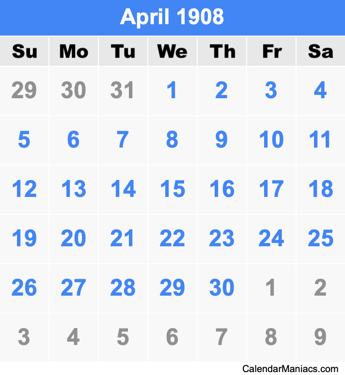 April 1908 Printable Calendar April 1908 Calendar