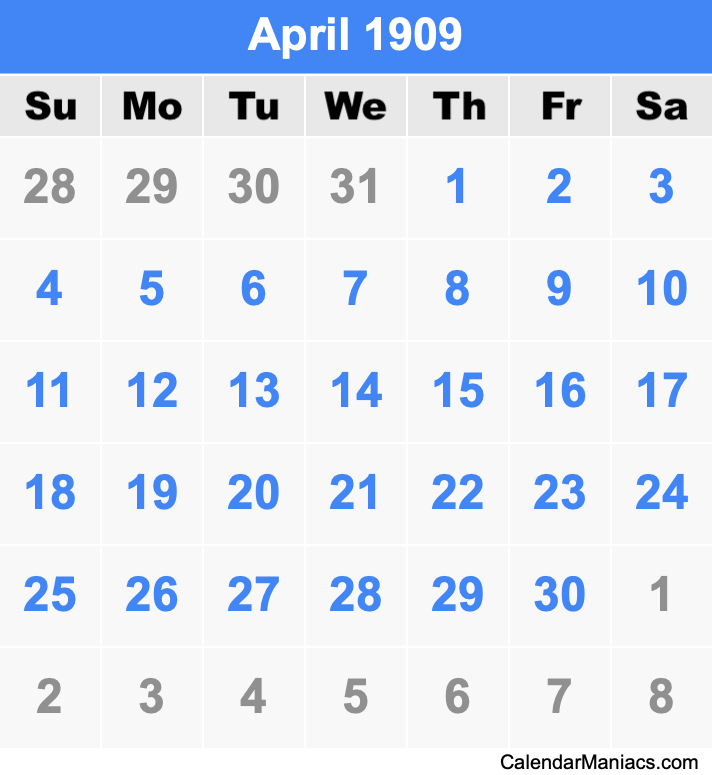 April 1909 Printable Calendar April 1909 Calendar