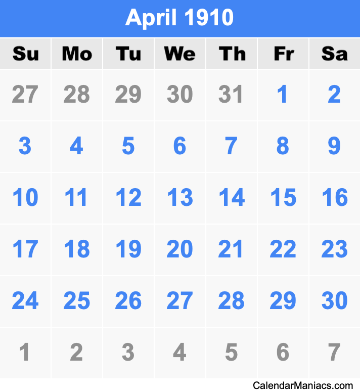 April 1910 Printable Calendar April 1910 Calendar