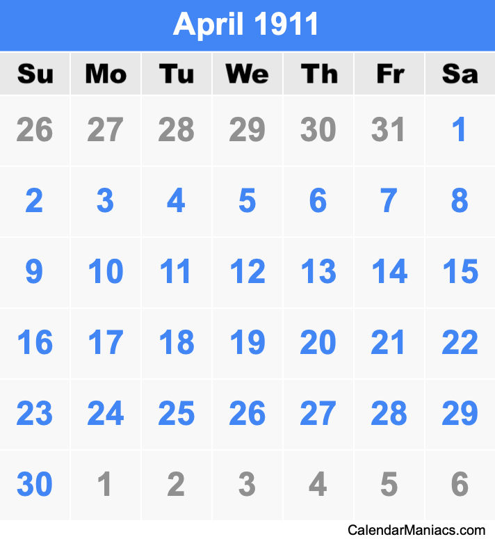 April 1911 Printable Calendar April 1911 Calendar