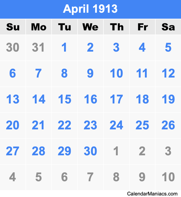 April 1913 Printable Calendar April 1913 Calendar