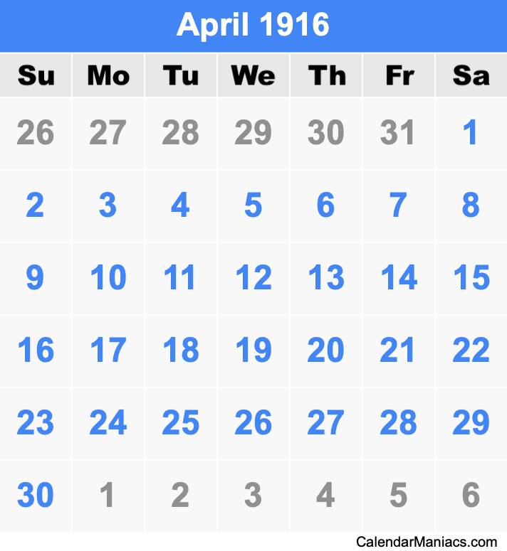 April 1916 Printable Calendar April 1916 Calendar