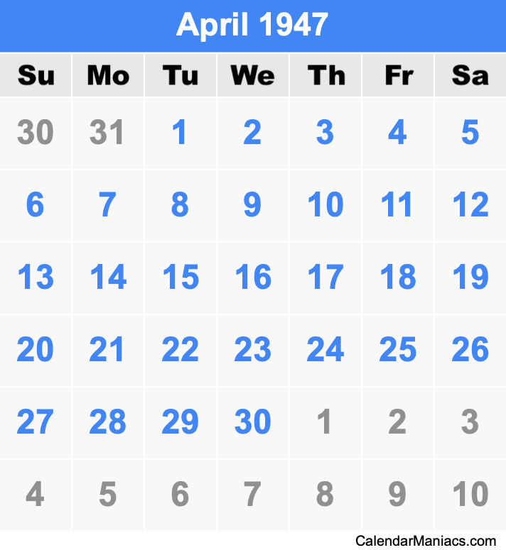 April 1947 Printable Calendar April 1947 Calendar