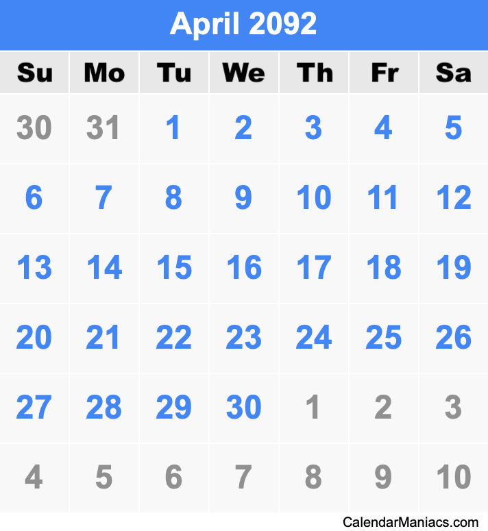 April 2092 Calendar