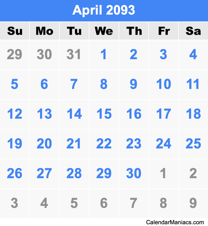 April 2093 Printable Calendar April 2093 Calendar
