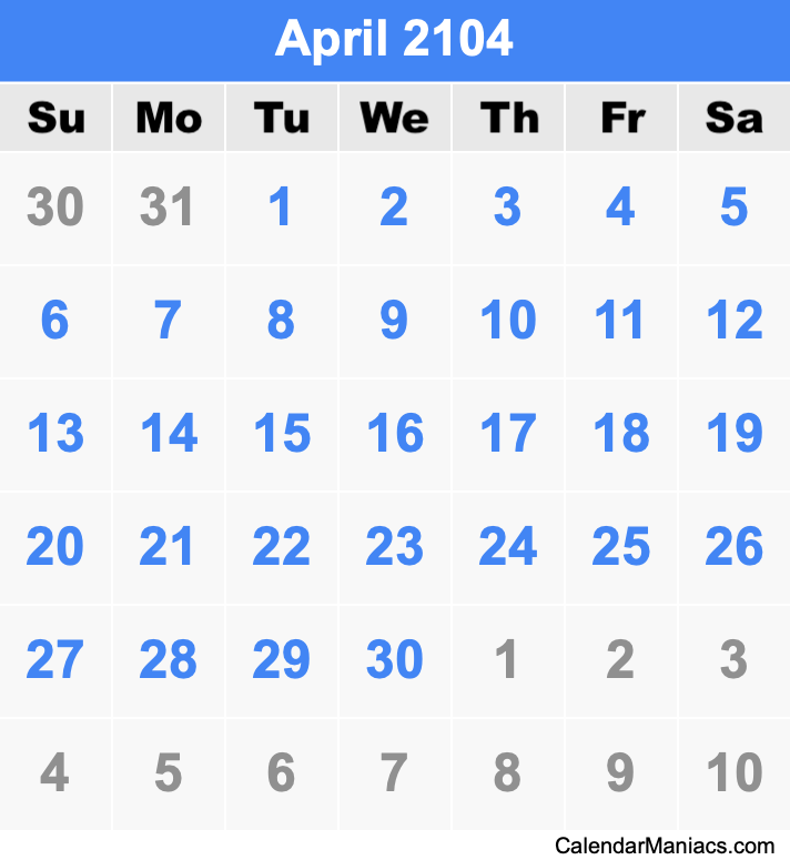 April 2104 Printable Calendar April 2104 Calendar