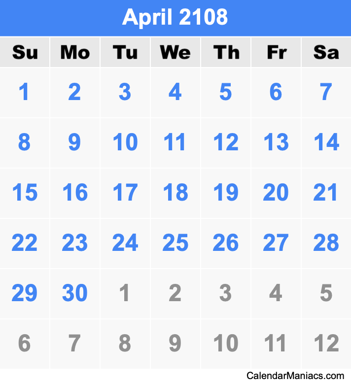 April 2108 Printable Calendar April 2108 Calendar