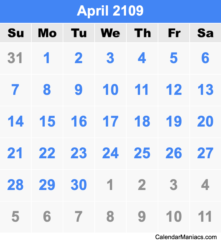 April 2109 Printable Calendar April 2109 Calendar