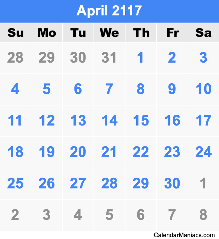 April 2117 Printable Calendar April 2117 Calendar