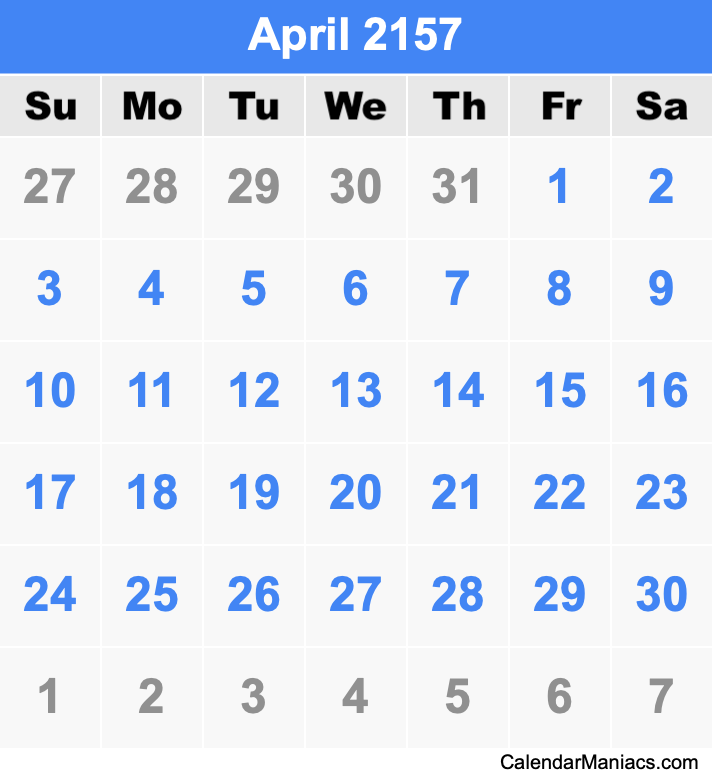 April 2157 Printable Calendar April 2157 Calendar