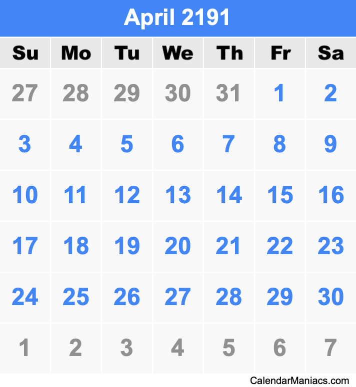 April 2191 Printable Calendar April 2191 Calendar