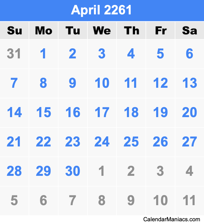 April 2261 Printable Calendar April 2261 Calendar