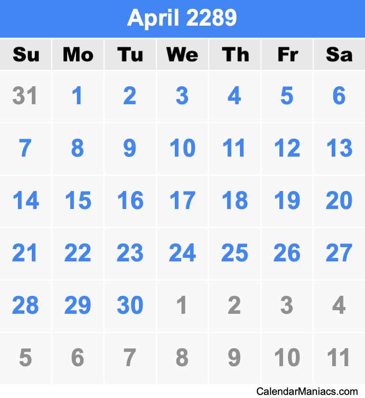 April 2289 Printable Calendar April 2289 Calendar