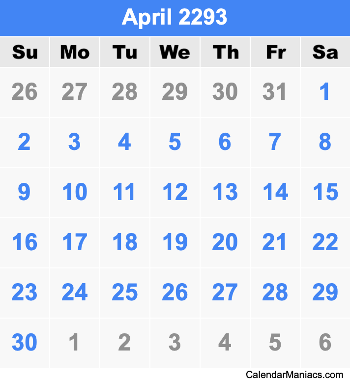 April 2293 Printable Calendar April 2293 Calendar