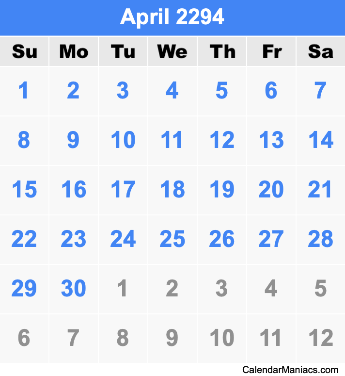 April 2294 Printable Calendar April 2294 Calendar
