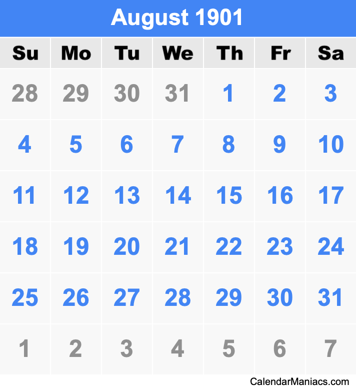 August 1901 Printable Calendar August 1901 Calendar