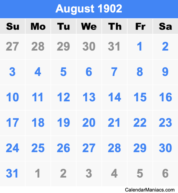 August 1902 Printable Calendar August 1902 Calendar