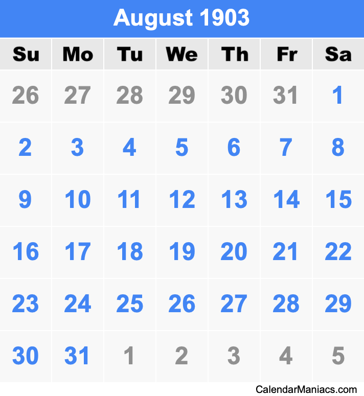 August 1903 Printable Calendar August 1903 Calendar