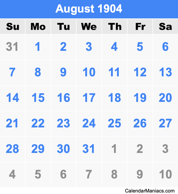 August 1904 Printable Calendar August 1904 Calendar