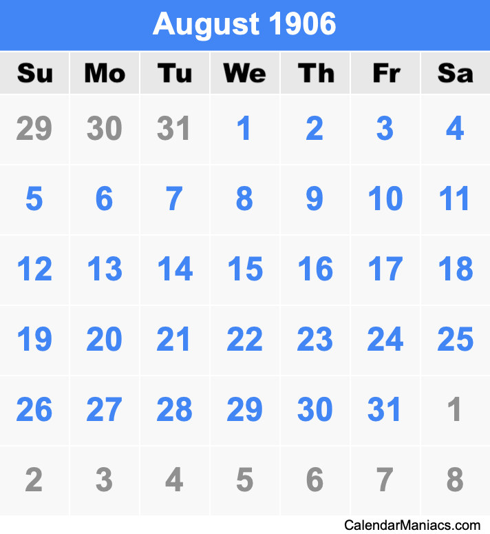 August 1906 Printable Calendar August 1906 Calendar