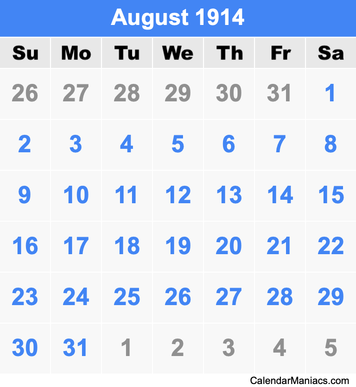 August 1914 Printable Calendar August 1914 Calendar