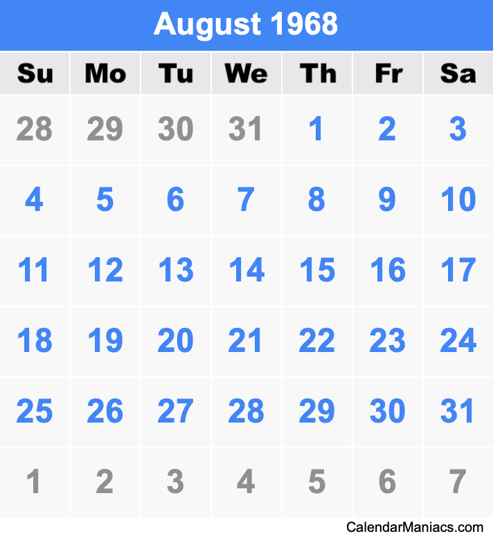 August 1968 Calendar