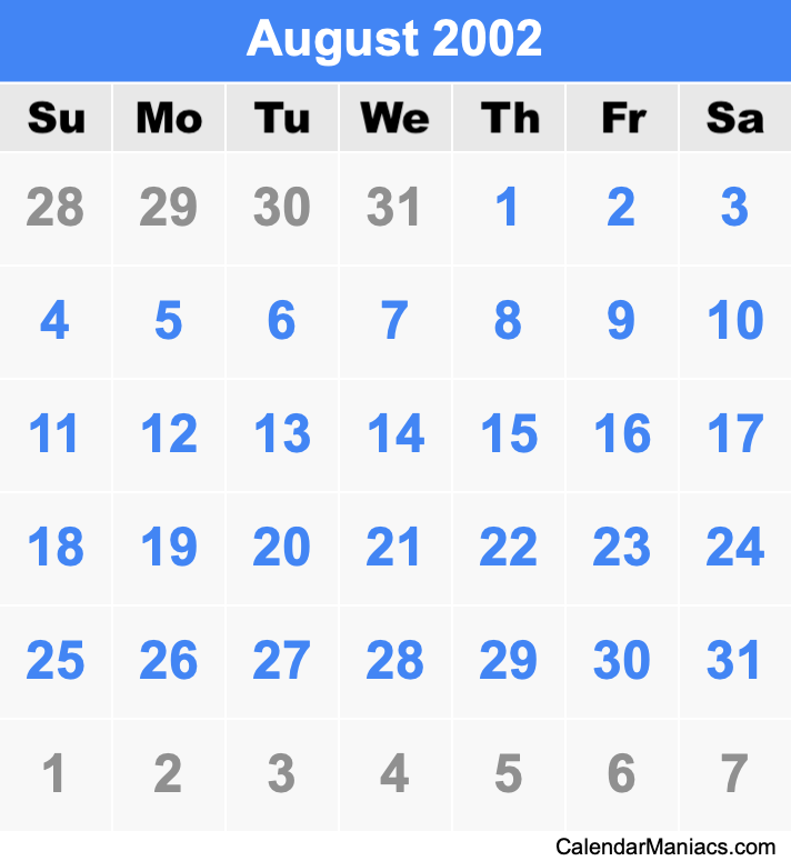 August 2002 Calendar