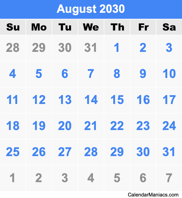 August 2030 Printable Calendar August 2030 Calendar