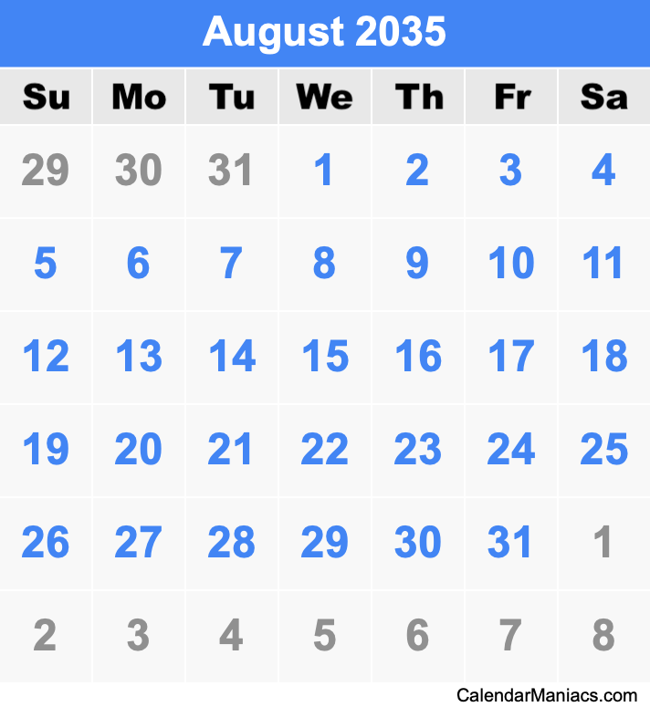 August 2035 Printable Calendar August 2035 Calendar