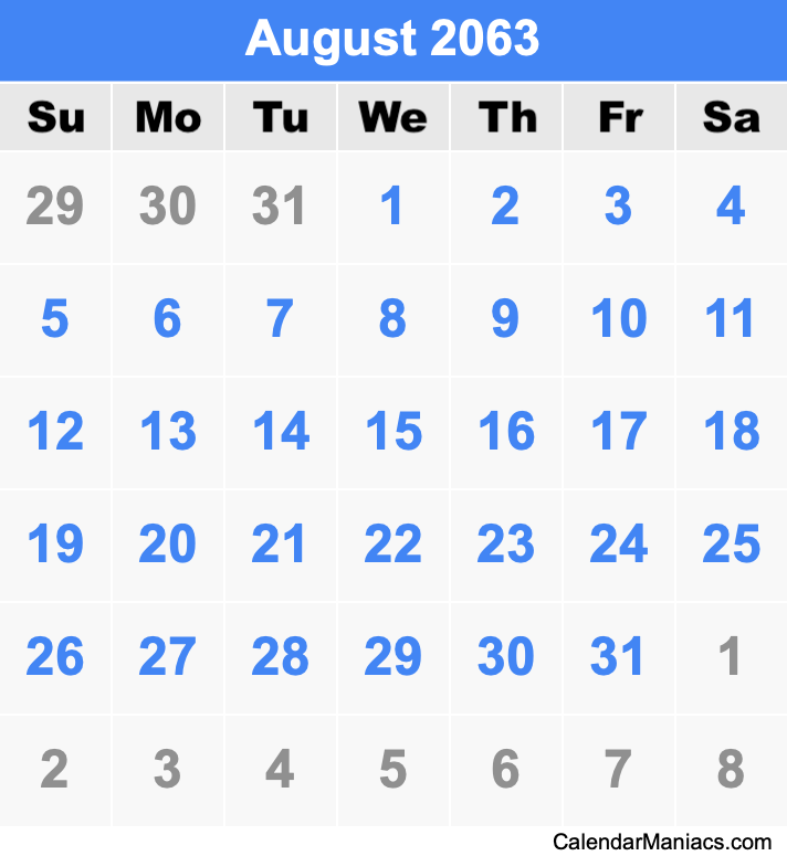 August 2063 Printable Calendar August 2063 Calendar