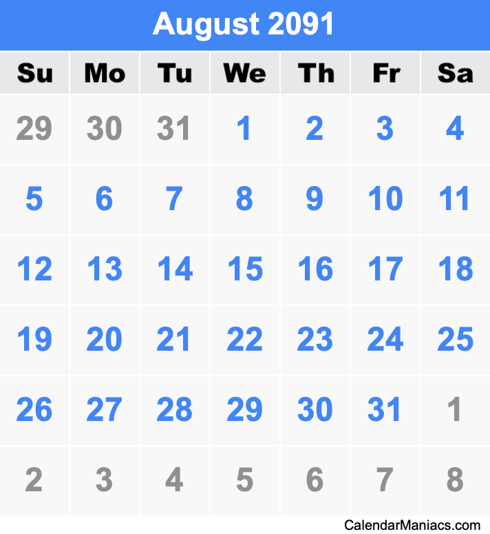 August 2091 Printable Calendar August 2091 Calendar