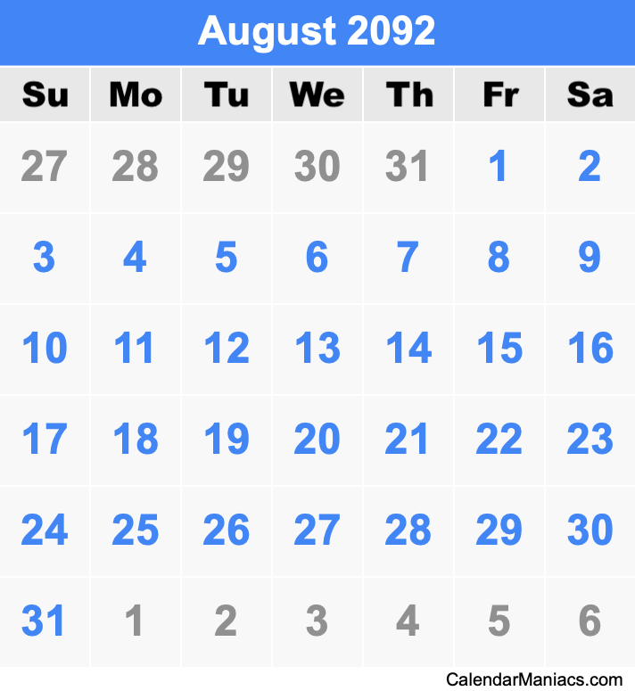 August 2092 Printable Calendar August 2092 Calendar
