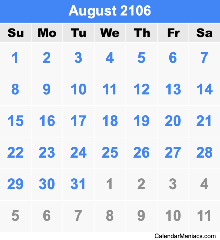 August 2106 Printable Calendar August 2106 Calendar