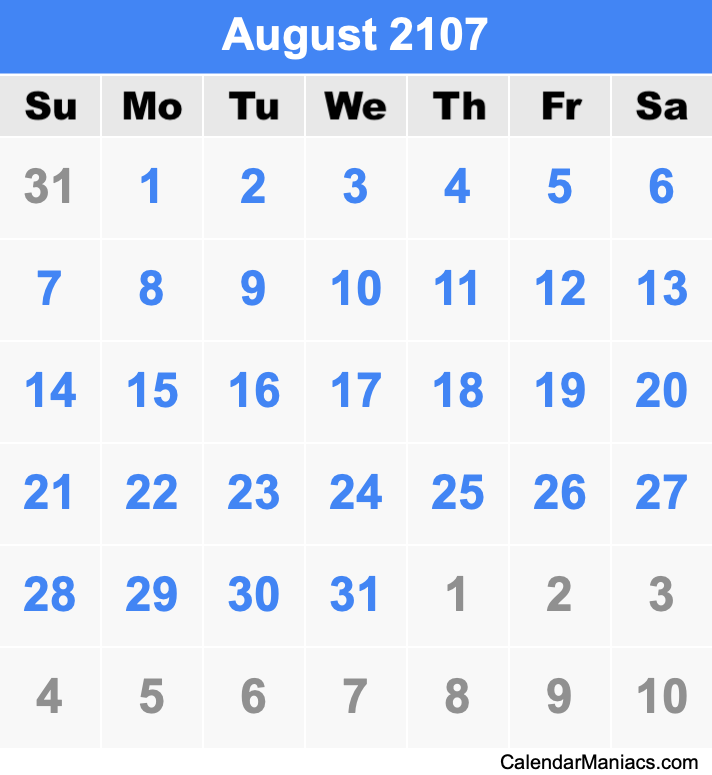 August 2107 Printable Calendar August 2107 Calendar