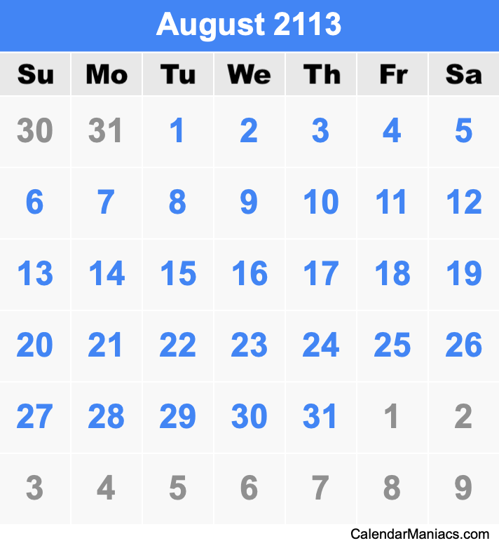 August 2113 Calendar