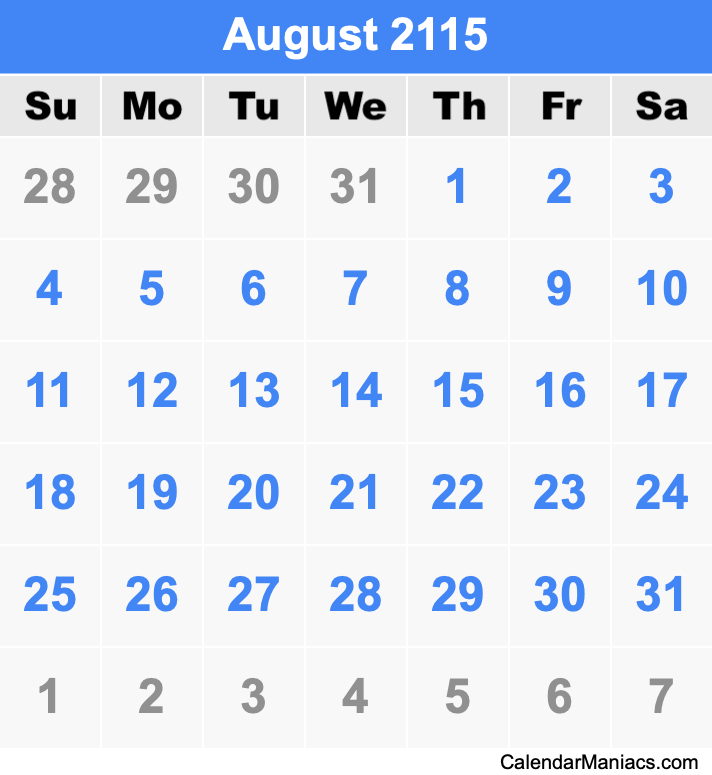 August 2115 Printable Calendar August 2115 Calendar