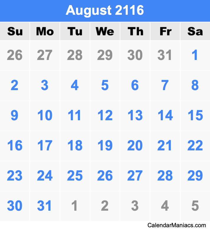 August 2116 Calendar