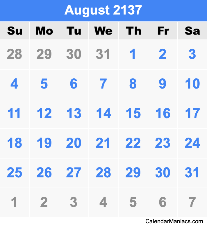 August 2137 Calendar