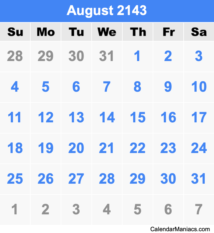 August 2143 Calendar