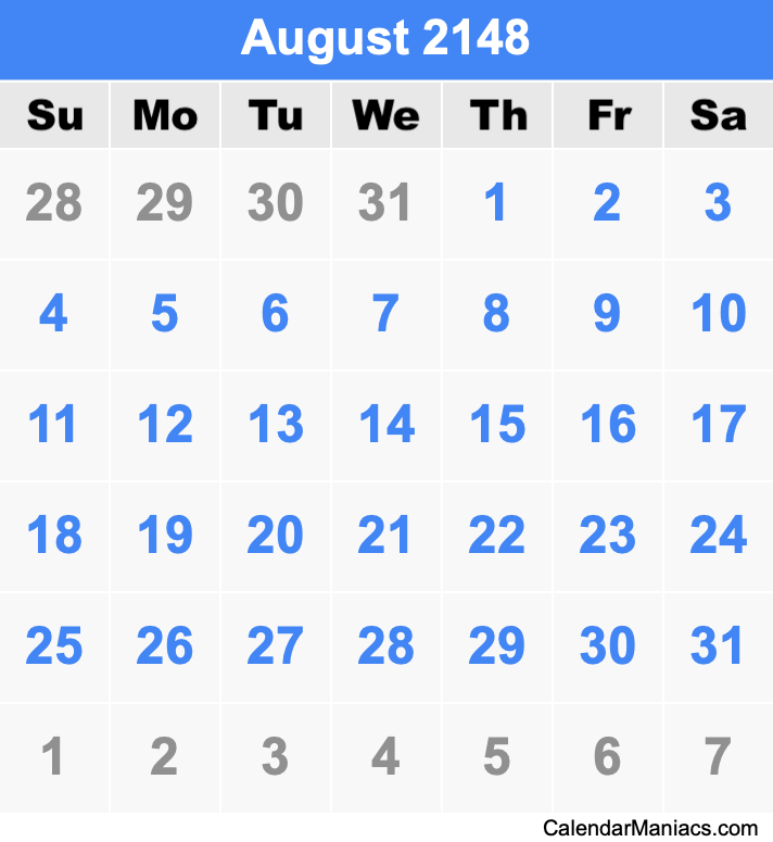 August 2148 Printable Calendar August 2148 Calendar