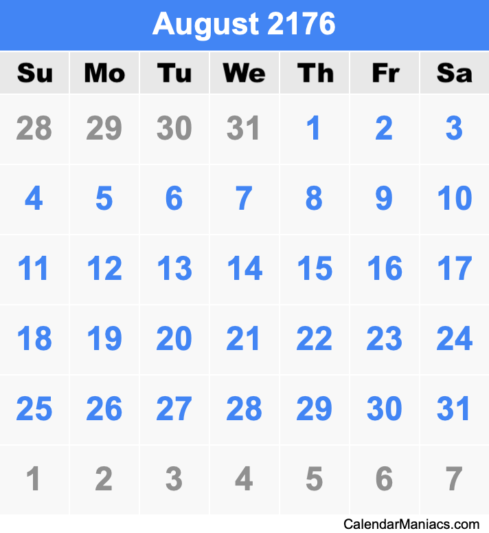 August 2176 Calendar