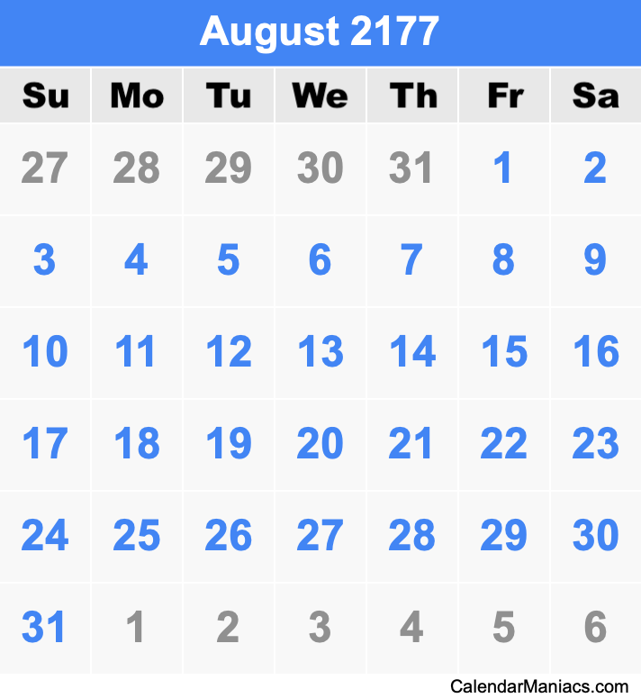 August 2177 Printable Calendar August 2177 Calendar