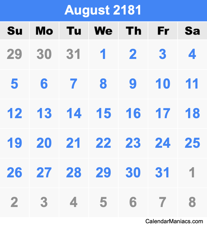 August 2181 Printable Calendar August 2181 Calendar