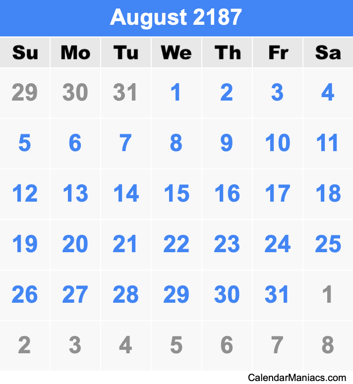 August 2187 Printable Calendar August 2187 Calendar