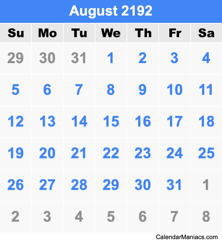 August 2192 Printable Calendar August 2192 Calendar