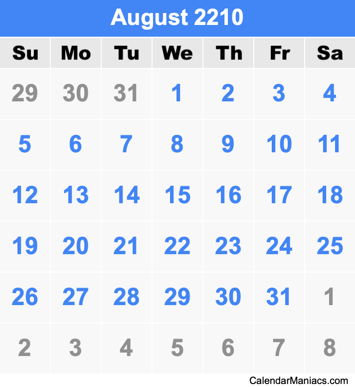 August 2210 Printable Calendar August 2210 Calendar