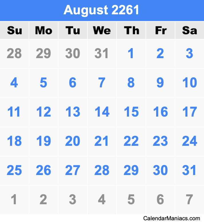 August 2261 Printable Calendar August 2261 Calendar